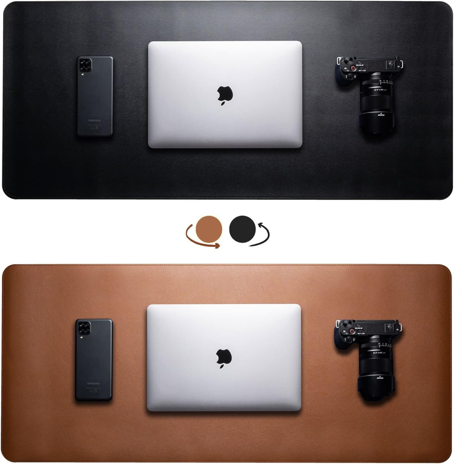 Leather Desk Mat, Mouse Pad Large, Computer Table Mat, Reversible Extended Laptop Pad for Desk (Tan/Black, 60x30 cm)