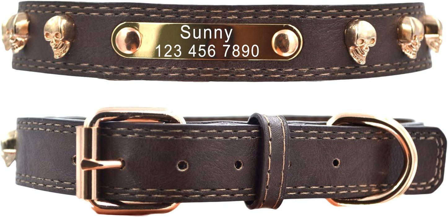 Premium Personalized Custom Leather Dog Collar with Skull Engraved Nameplate ID Tags/Soft Touch Heavy Duty Genuine Leather/Adjustable Perfect for Male Female X-small Small Medium Large Dogs-XS