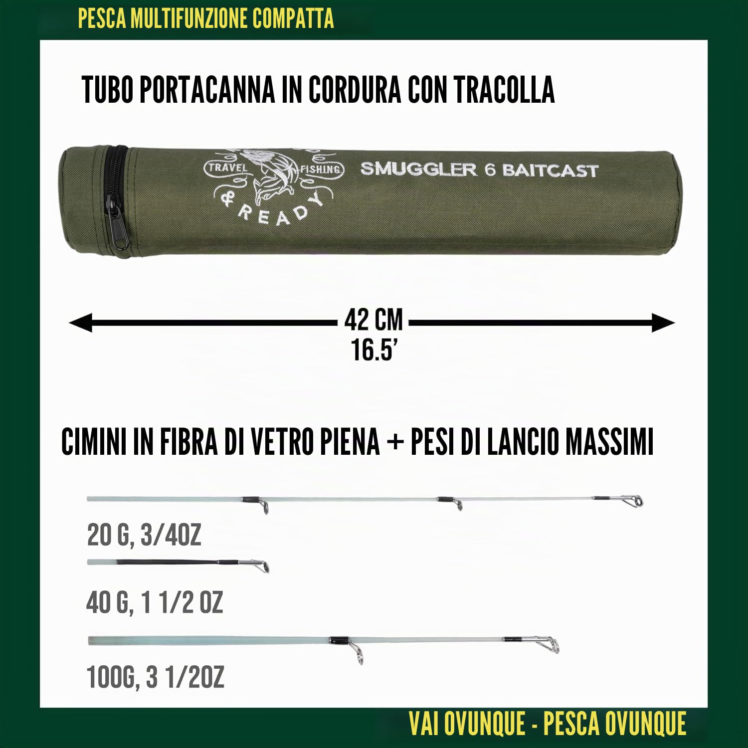 Rigged and Ready - Canne da pesca da viaggio serie Smuggler, 4 lunghezze uniche e super compatte per canne multifunzione con 2 o 4 punte per pesca attiva su pesci d'acqua dolce e marina