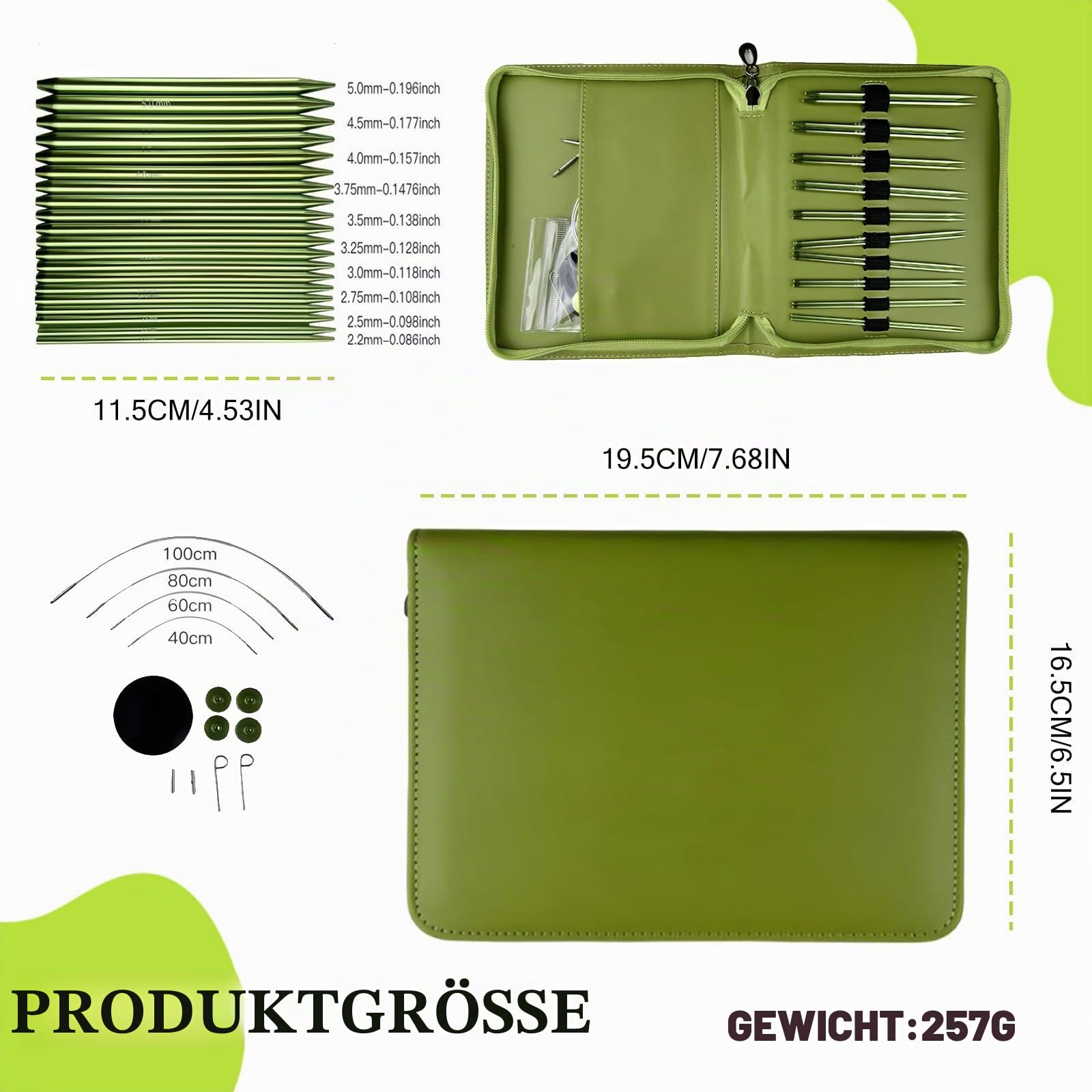 Rundstricknadeln Set, Austauschbare Stricknadeln mit Zubehör & Aufbewahrungstasche, Metall Auswechselbare Rundstricknadelspitzen mit Ergonomischen Griffen für DIY-Stricken (Grün 10 Paar)