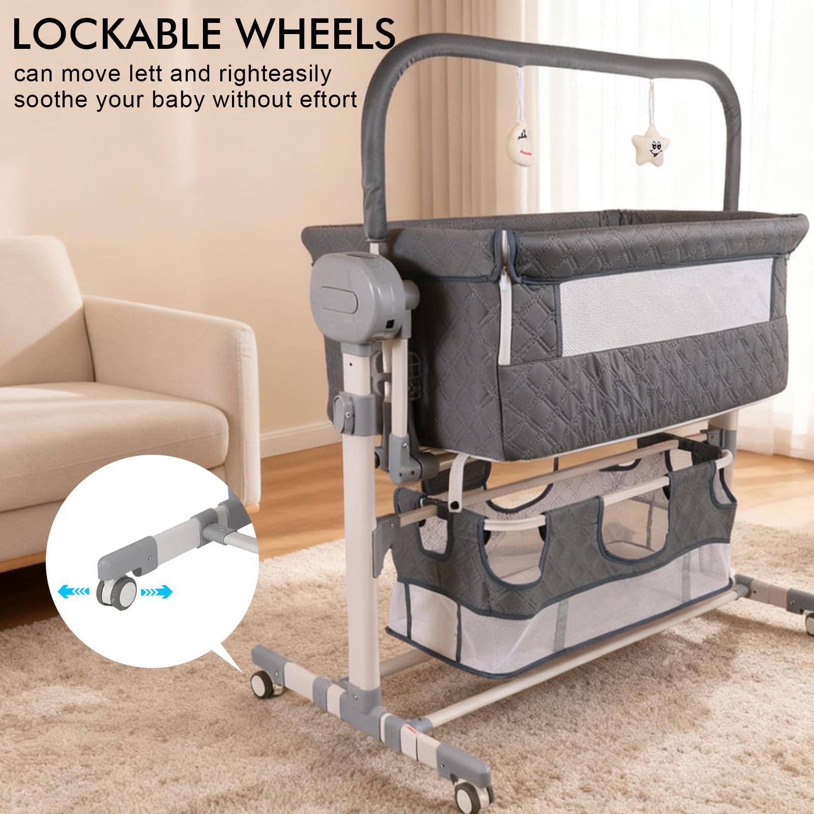 Culla Neonato Elettrica Bluetooth Smart Baby con Musica, Oscillazione parallela, Culla Pieghevole e Convertibile, Lettino per Neonati Regolabile con Telecomando e Ruote (608 Grigio)