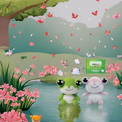 Miniatura 6 de Kit de ganchillo de ranas para principiantes intermedios, kit de inicio de ganchillo de 2 piezas de animales con tutorial en video paso a paso,