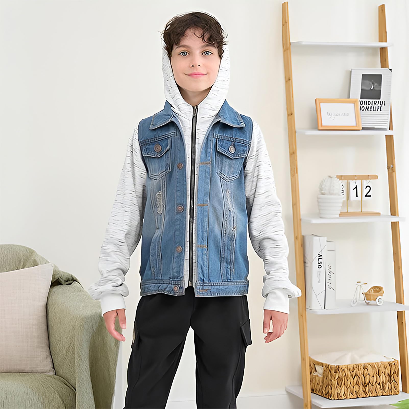 amropi Garçon Vestes en Jean à Capuche Blouson en Denim Jacket Manches Longues Boutons Hauts