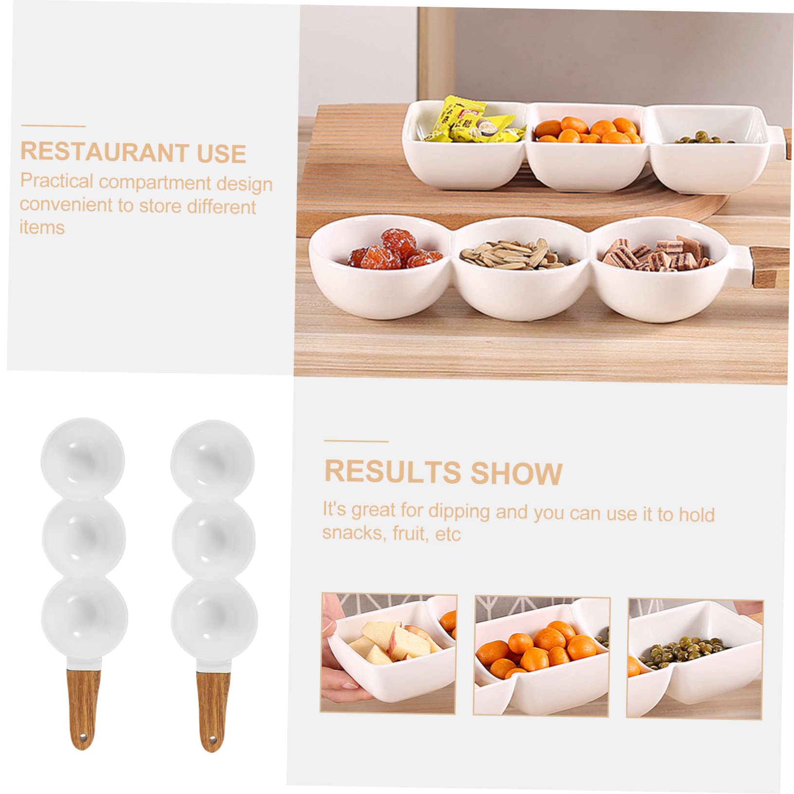 Sosoport 2 piezas Bol de Cerámica con Asa de Madera y Compartimentos para Snacks y Ensaladas para Aperitivos y Decoración de Mesa