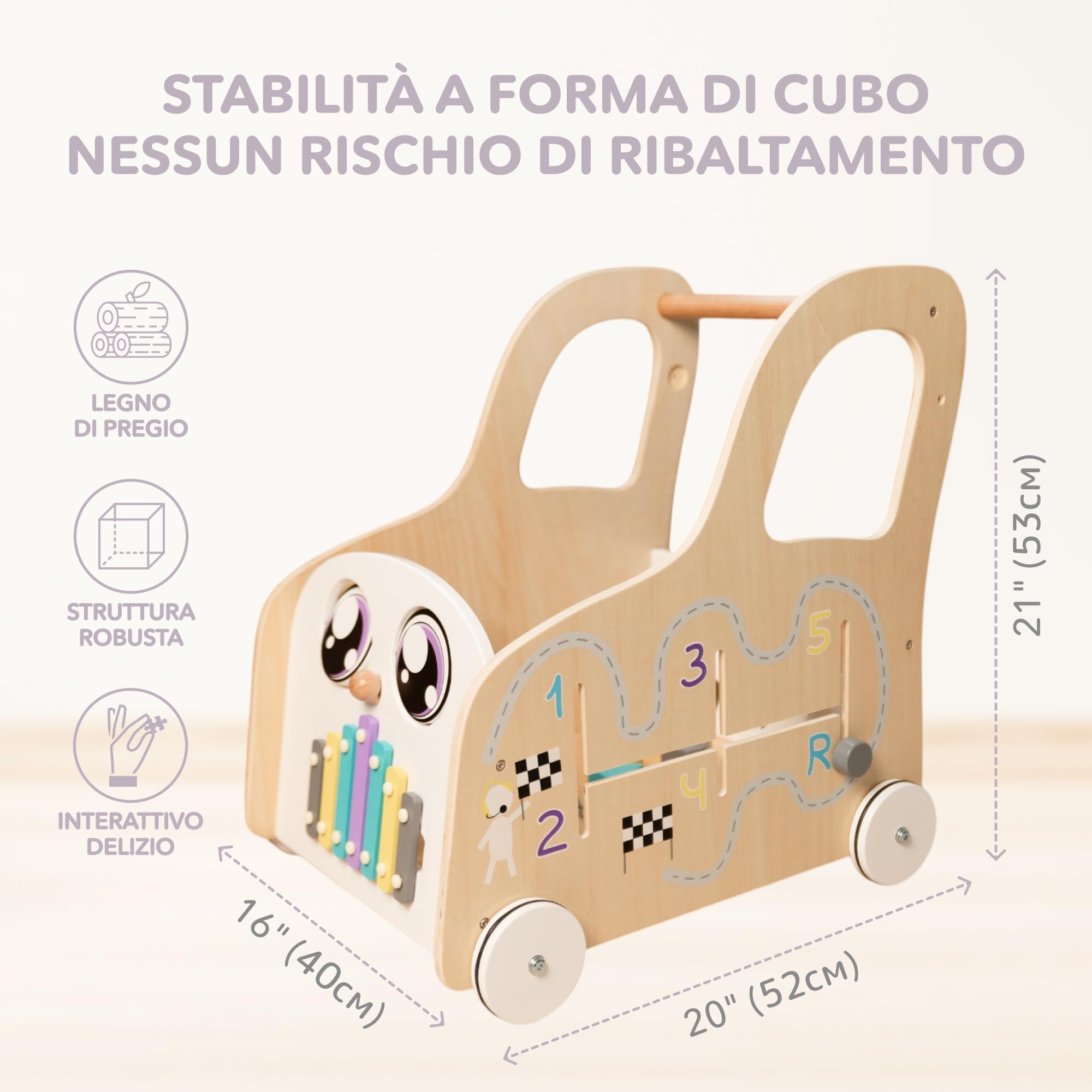 Girello Cateam per Bambini di Legno con ruote, Carrello Primi Passi Legno con 5 Giochi Interattivi e Cesto portaoggetti per giocattoli, Baby Walker Regalo per Bambini e Bambine 1 Anno