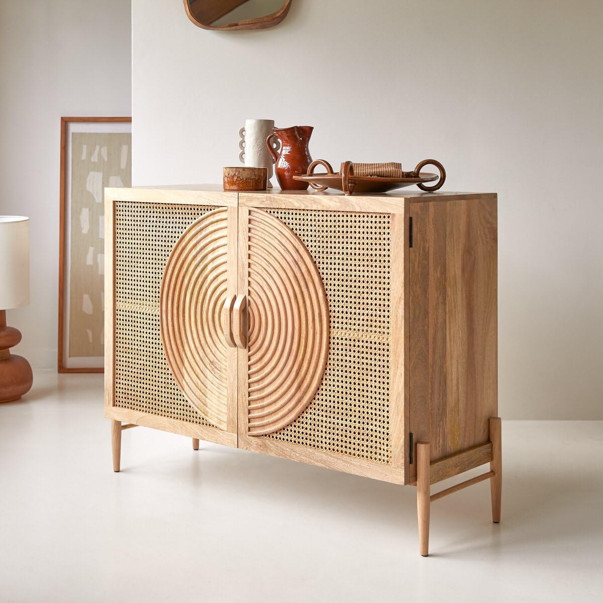 Osho Rattan Wooden Crockery Cabinet | Mango Wood Sideboard Storage with 2 Doors | Cane Cabinet for Living Room, Dining & Entryway (Natural Finish) | Assembly - DIY