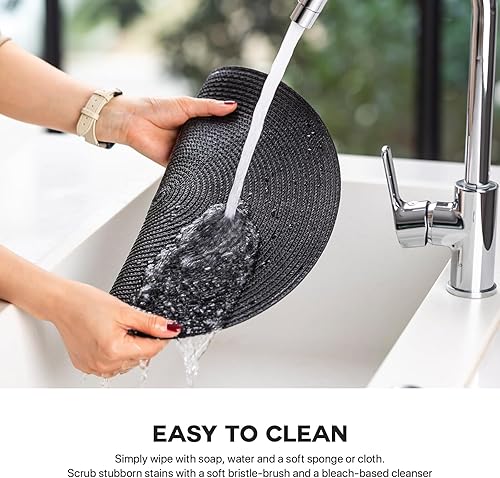 Miniatura 4 de Juego de 6 manteles individuales redondos tejidos de plástico, lavables y lavables para mesa de comedor, resistentes al calor, antideslizantes,