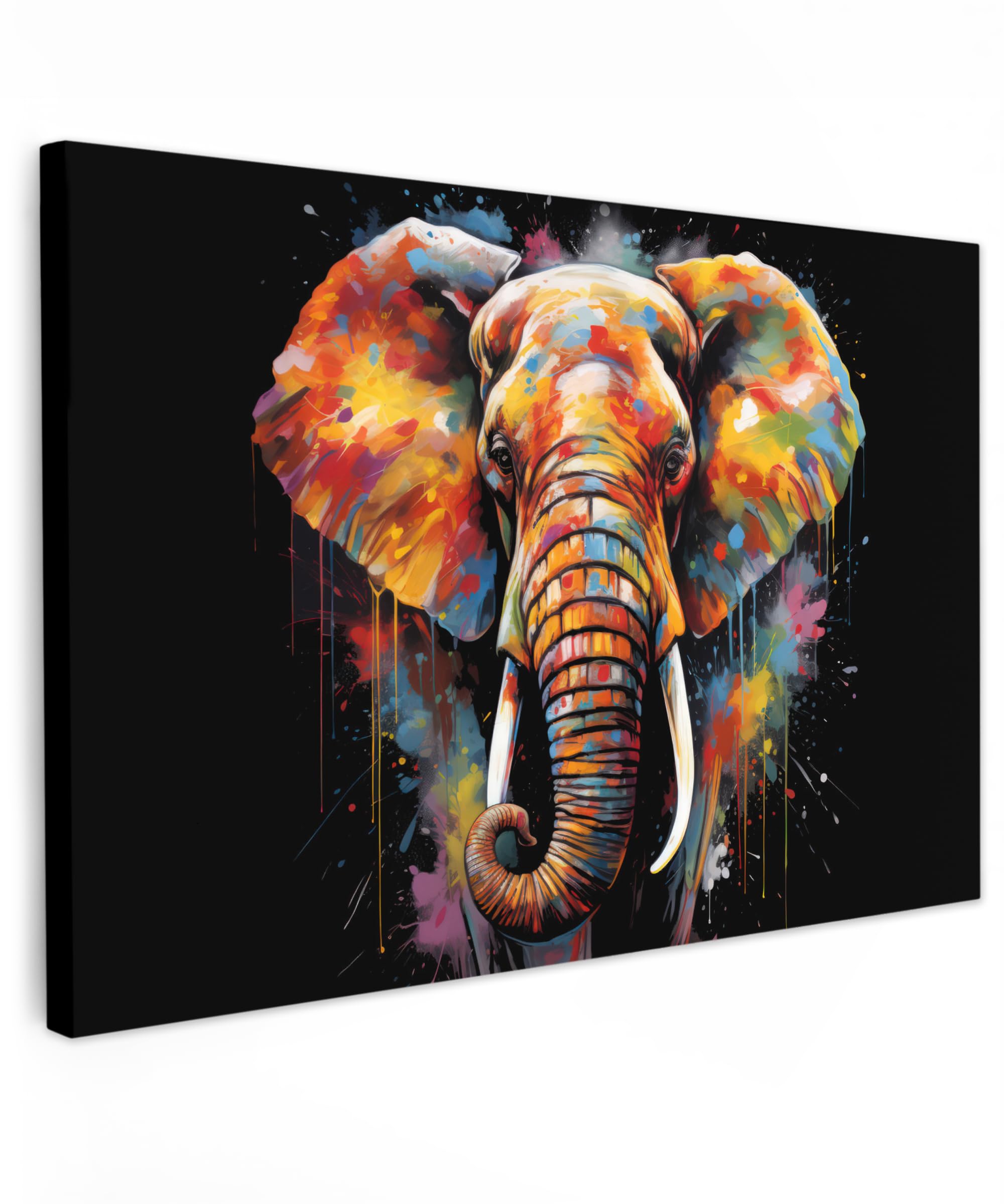 MuchoWow© Leinwand 60x40 cm Deko Schlafzimmer Aesthetic Leinwandbilder Wohnzimmer Gemälde Foto Geschenk Living Room Decoration Banksy - Street Pop Art - Elefant - Graffiti - Schwarz - Tiere