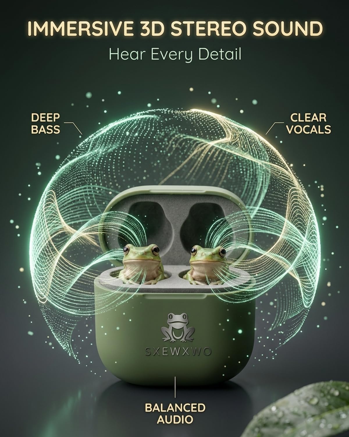 Frog Earbuds Wireless Bluetooth Earphones Headphones Animal Shaped Everyday Turtle Tree Cute with Charging Case 3D Stereo Plugs Hippo Themed Pair Headphone Adorable Cartoon Ring Earrings (Frog Green)