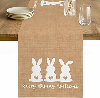 Bunny Easter Table Runner 36 Inches Long Tablerunner Dresser Scarves, Spring Rabbits Rustic Retro Art Burlap Kitchen Dinner Cafe Table Runners Table Decor for Coffee/Party/Wedding, Small 13" x 36"
