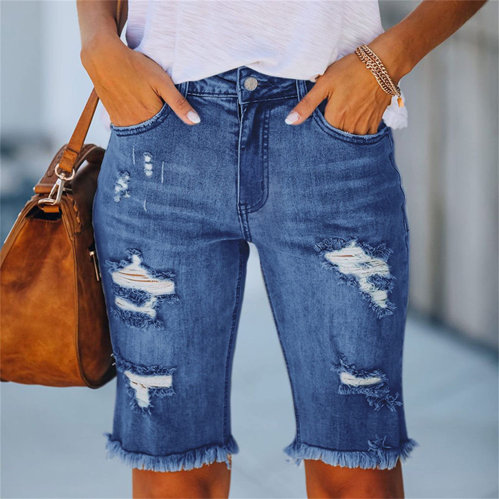 JEKE-DG Women Denim Hem Shorts Jeans High Waist Ripped Hole Distressed Short Jeans Knee Length Stretch Denim Jean Short (XX-Large,Blue01)