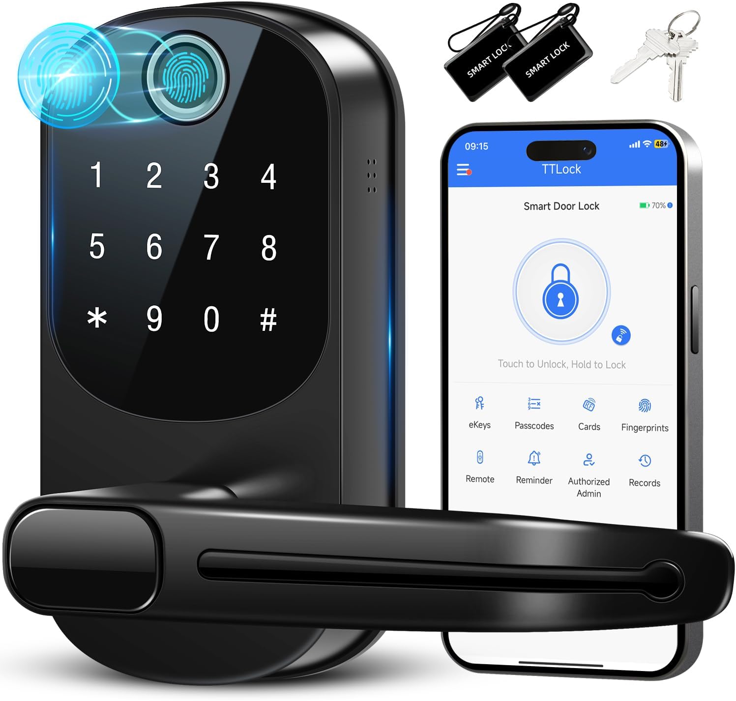 Keyless Entry Door Lock – Smart Door Handle Lock with Keypad – Smart Locks for Front Door – Electronic Door Lock – Fingerprint Door Lock with Code – Auto Lock for Exterior Door,Home(Matte Black)
