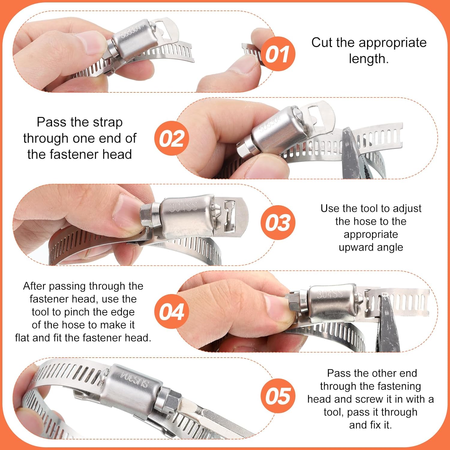 DIY Hose Clamp Assortment Kit, 304 Stainless Steel Worm Gear Hose Clamps Adjustable Pipe Clamps for Securing Pipe Hoses (14 FT Strap +10 Fasteners)