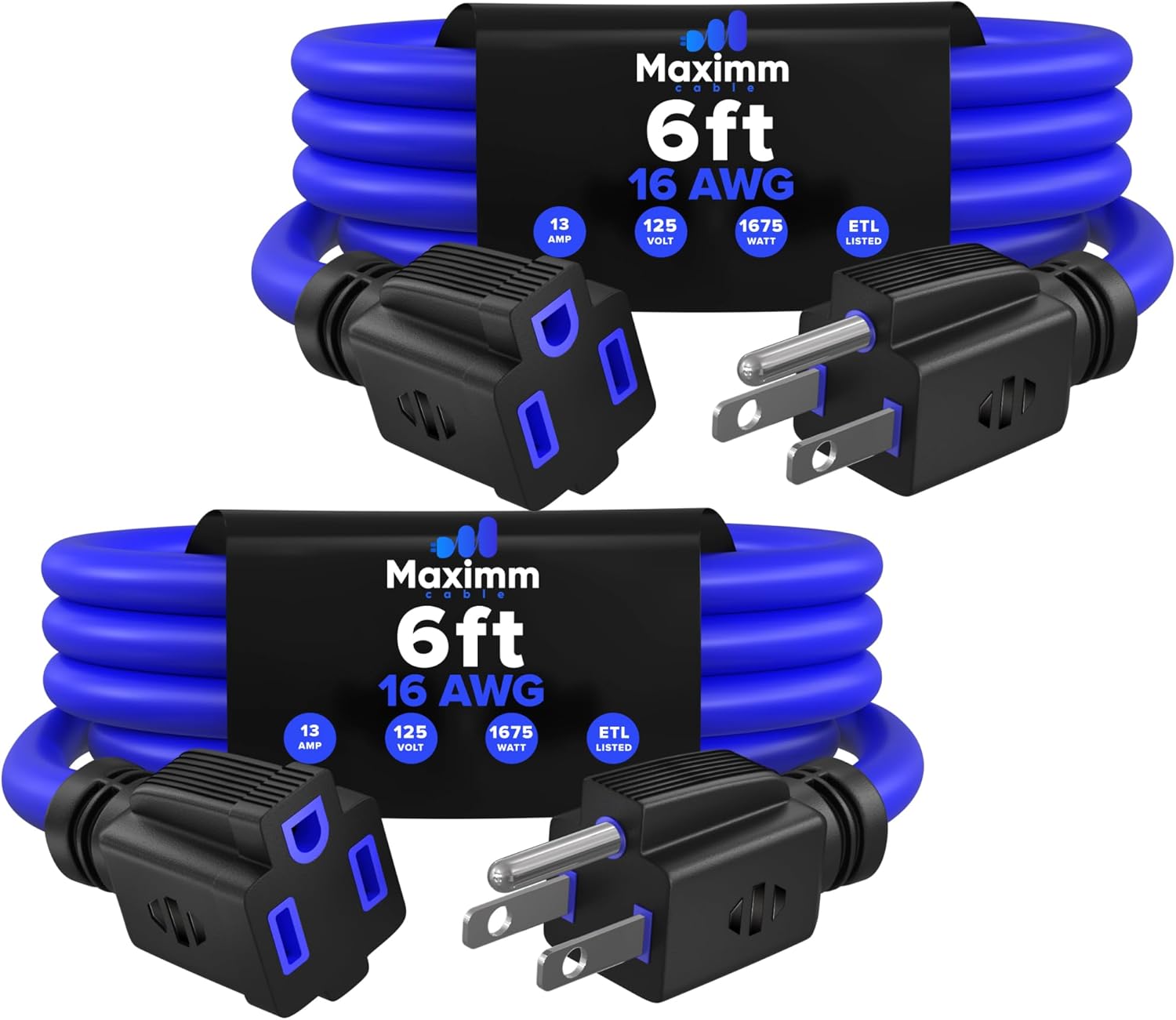 Maximm 3 Ft, 2 Pack, Blue Extension Cord, 16 AWG 3-Prong, Compact Indoor Power Cable – ETL Listed