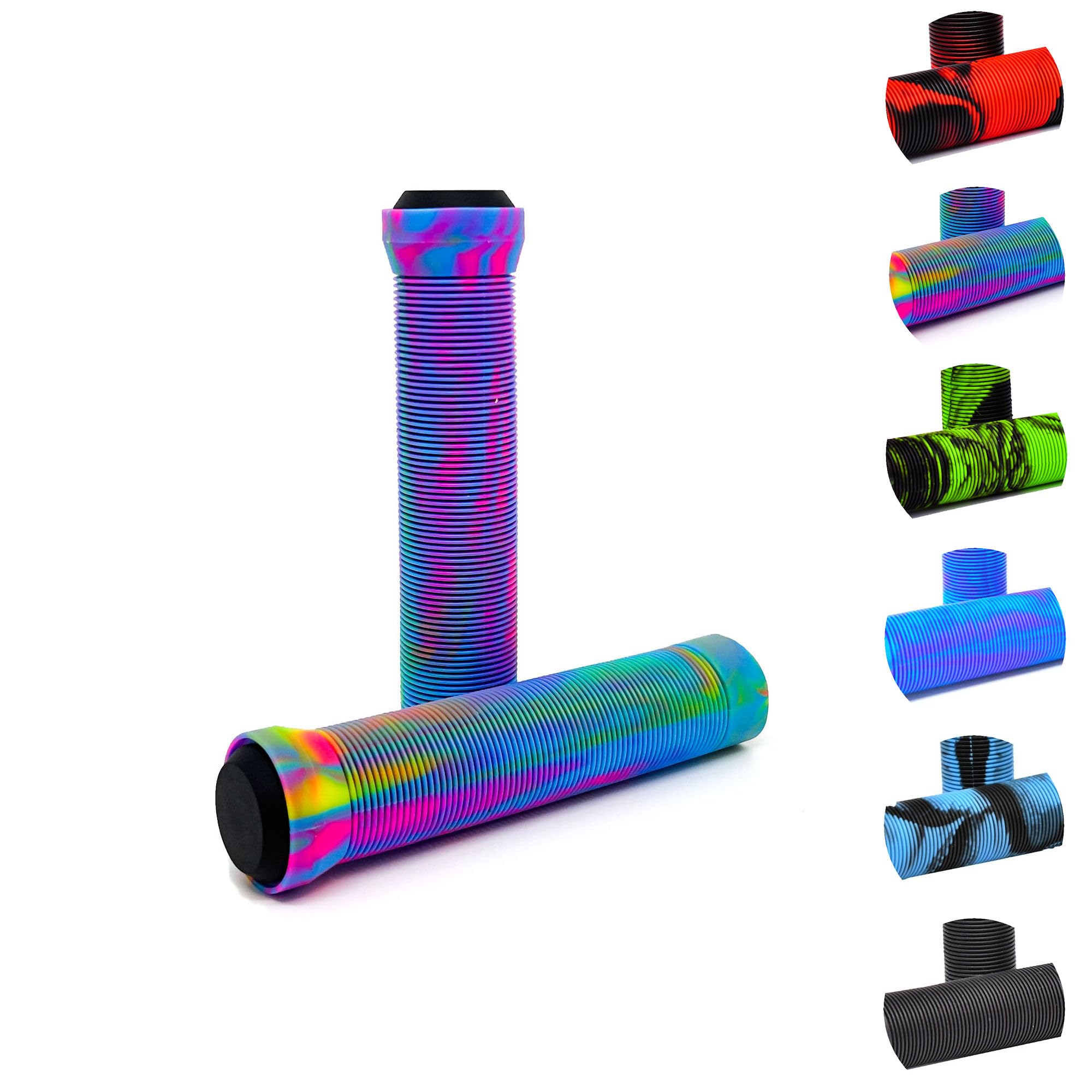 Poignées de guidon mixtes en caoutchouc souple sans bride pour trottinettes de cascade, vélos, VTT, BMX, etc. Avec embouts bouchons. Longueur : 150 mm avec diamètre intérieur de 22 mm pour