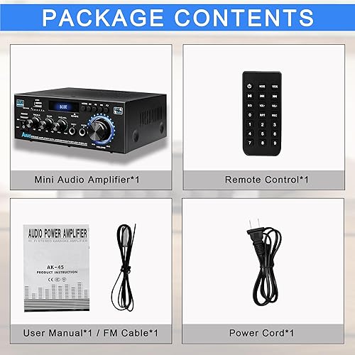 Miniatura 8 de AK45 Receptor estéreo Bluetooth y amplificador para audio doméstico, amplificador de alta fidelidad de 2 canales de 300 W x 2 canales con radio FM,