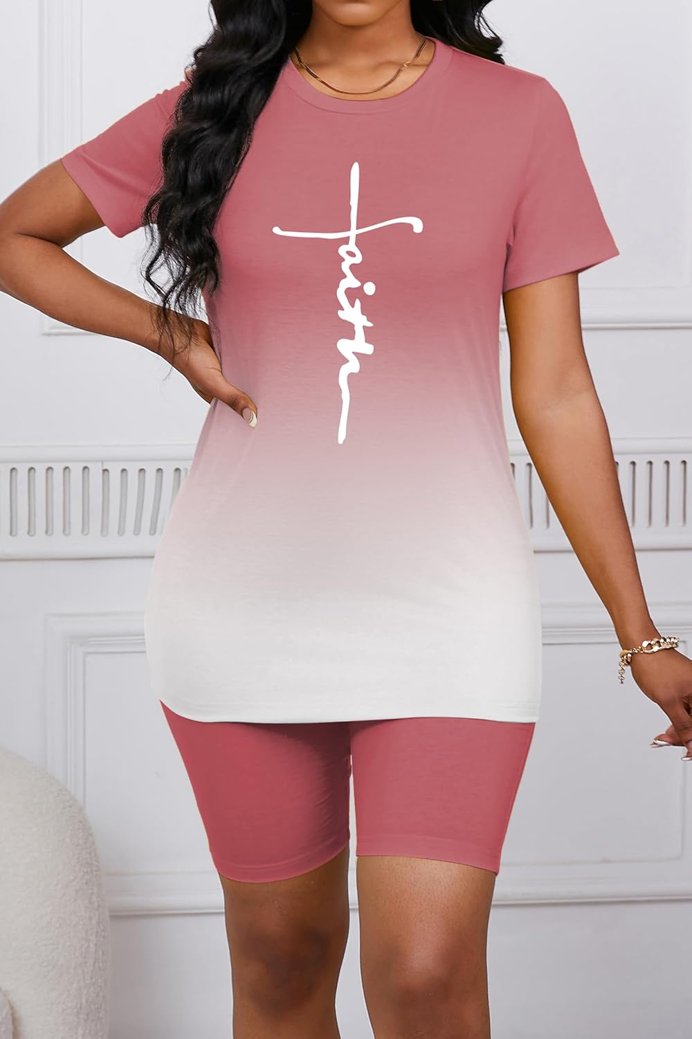 PINSV Women's 2 Piece Outfits Summer Printing Bodycon Short Pants Workout Sets - Image 3