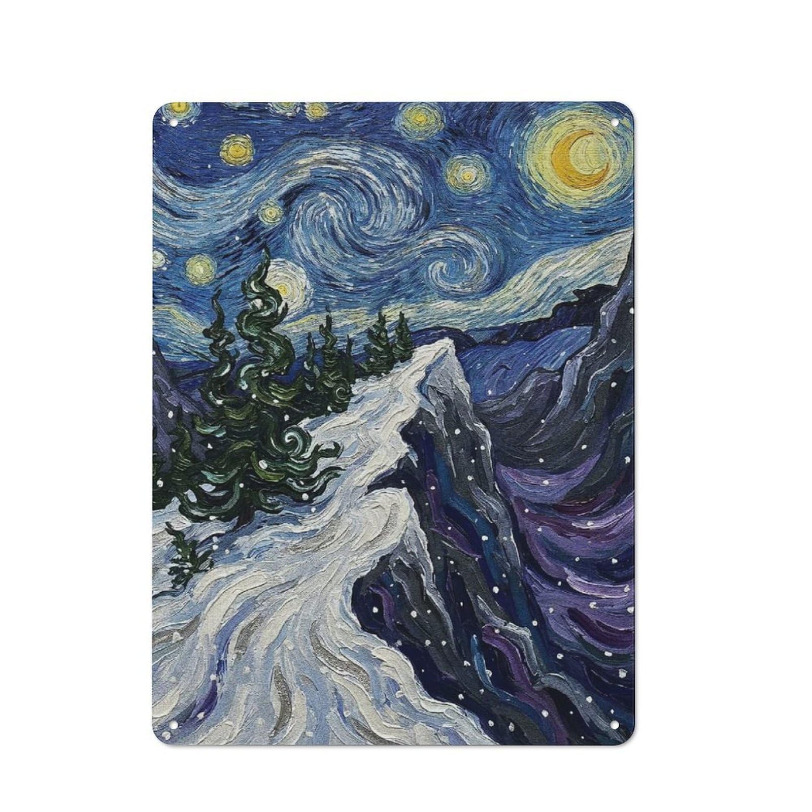 Junmoney Style-20 Tin Wall Plaque 40X30cm With Starry Night Inspired Mountain Landscape Painting For Garage Wall, For People Furnishing A Garage, For Retro Home Interiors