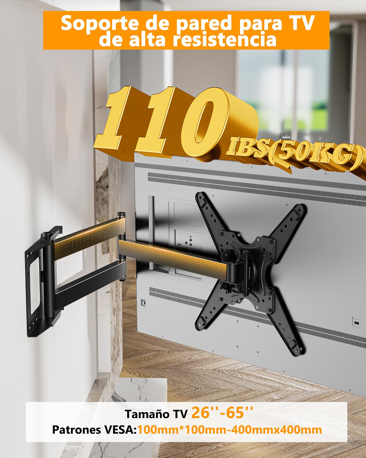 Soporte de Pared para TV de Largo Alcance con Brazos Articulados 1219mm, Soporte Pared TV con Giro e Inclinación de 90 Grados para Televisores de 26 a 65 Pulgadas de hasta 50kg, VESA 400x400mm
