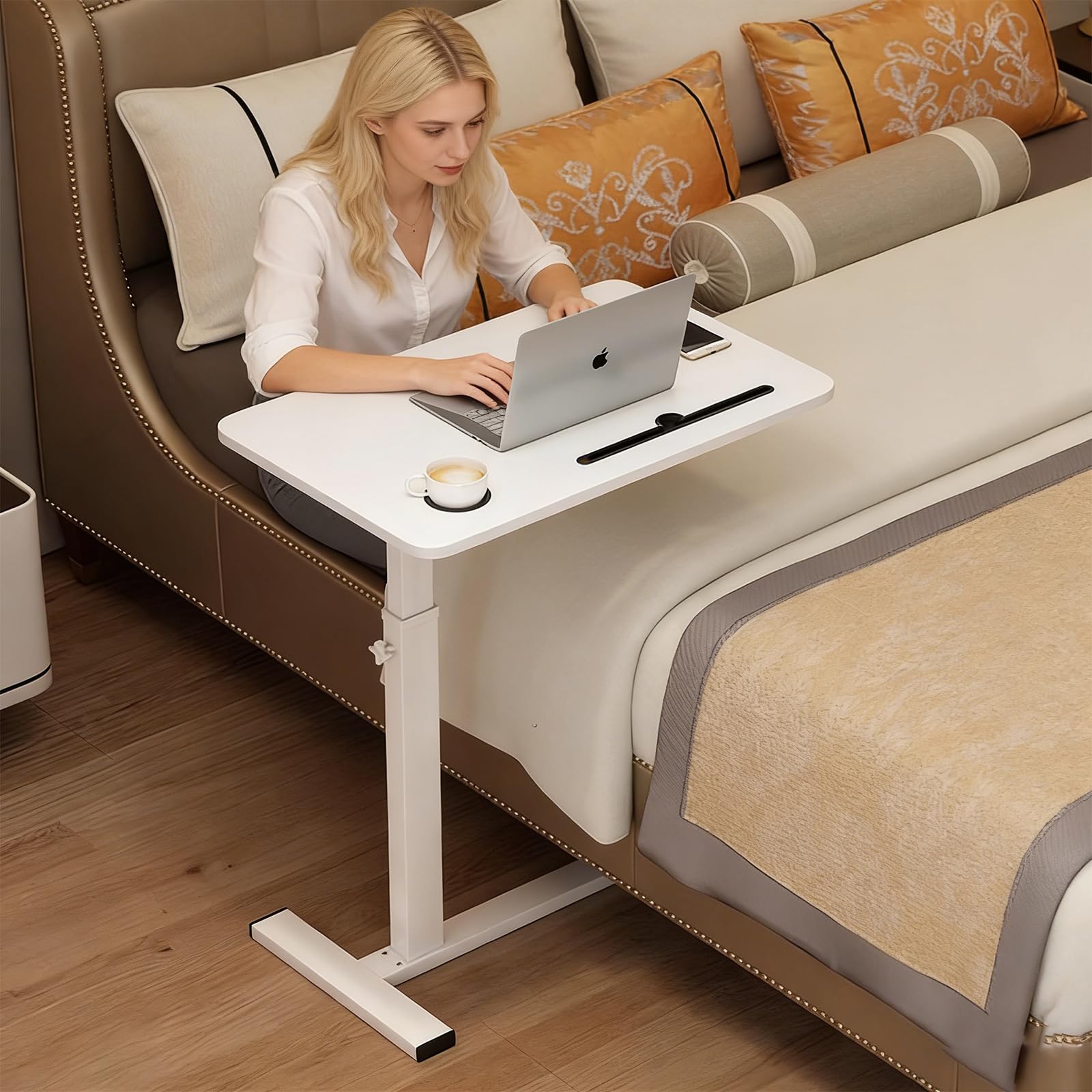 Over the Bed Table with Hidden Wheels,Height Adjustable Bedside Table Tray