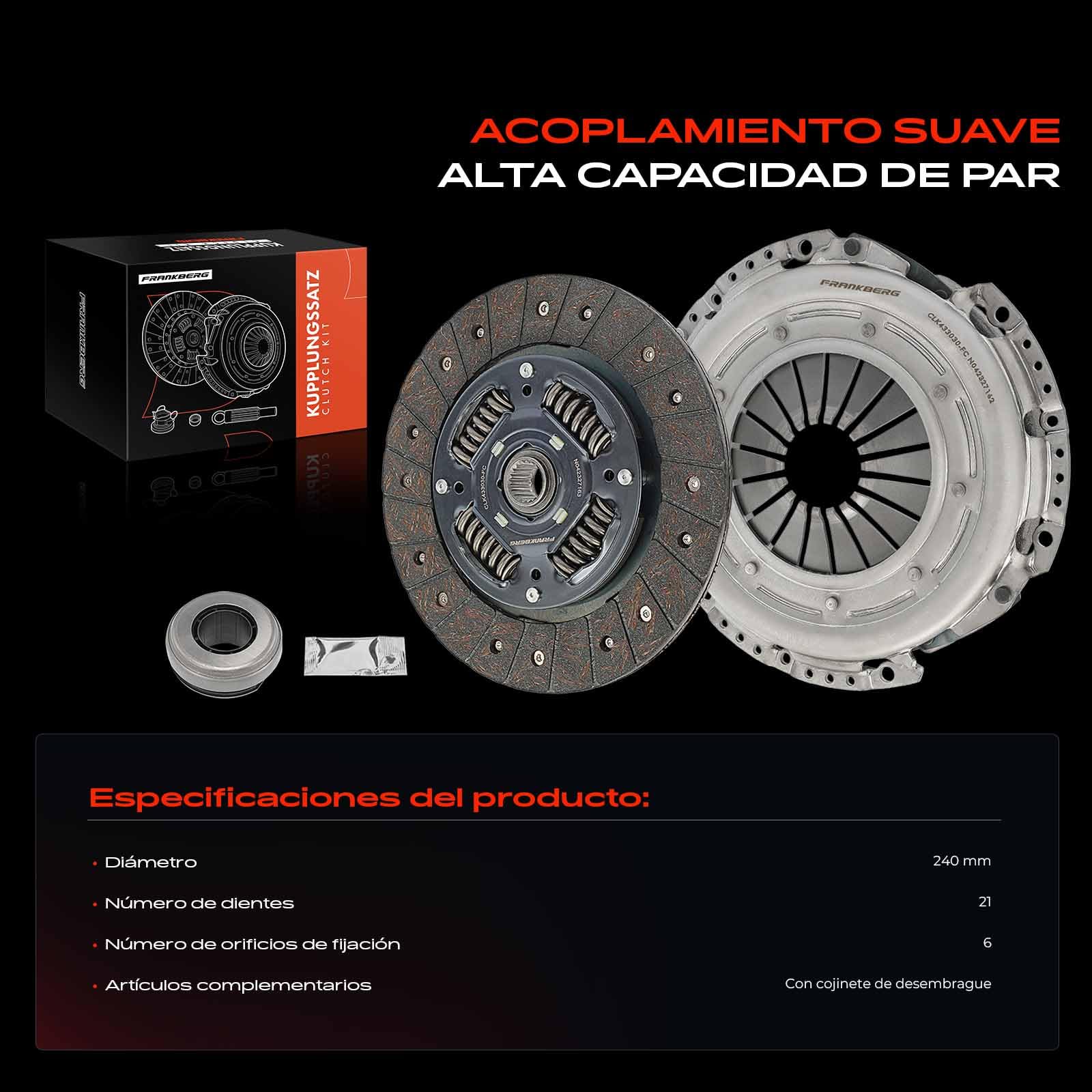 Frankberg Kit de embrague con cojinete de desembrague y grasa sintética | Compatible con: Caja de puente, Ducato Van 250, Autobús Jumper, Plataforma/chasis Boxer, Plataforma/chasis Jumper, Ducato
