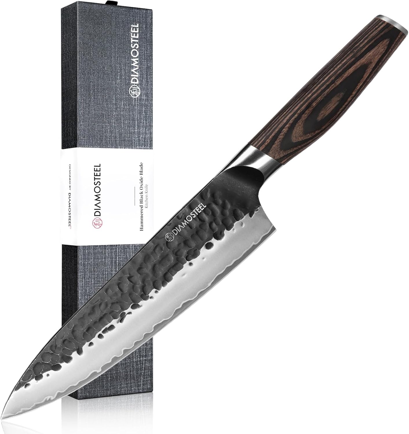 Chefs Knife - 8-Inch Japanese Chef Knife - Hammered Black Oxide Blade 9CR18MOV High Carbon Stainless Steel Professional Gyuto Knife - Ergonomic Pakkawood Handle with Present Box