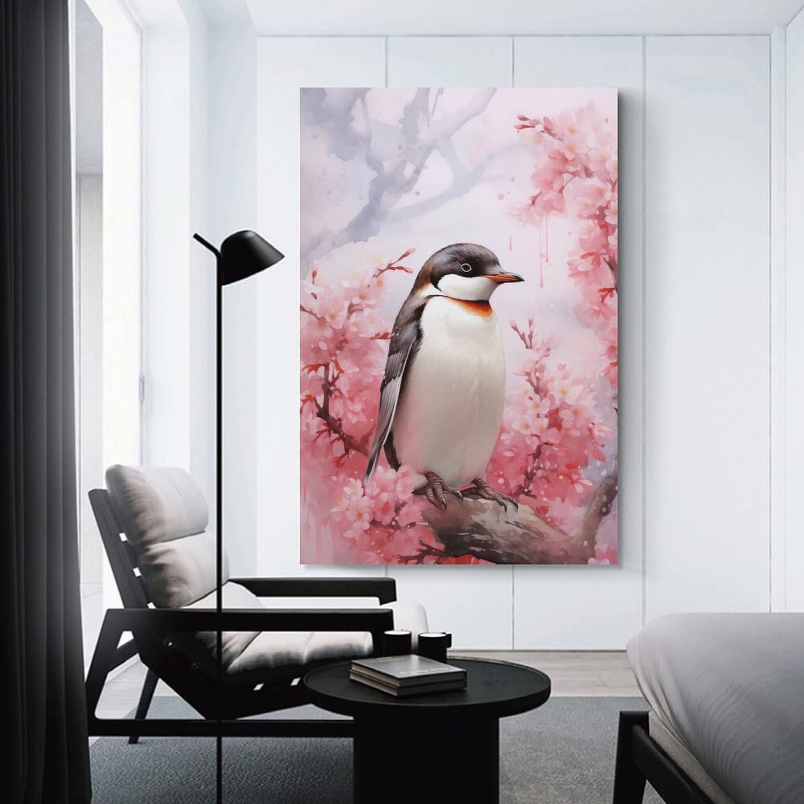 Junmoney Unframe-Style-11 Cherry Blossom Penguin Wall Art Print, 24X36inch(60X90cm), For Living Room, Bedroom, Office Or Hallway, A Flexible Wall Accent For Shared Spaces