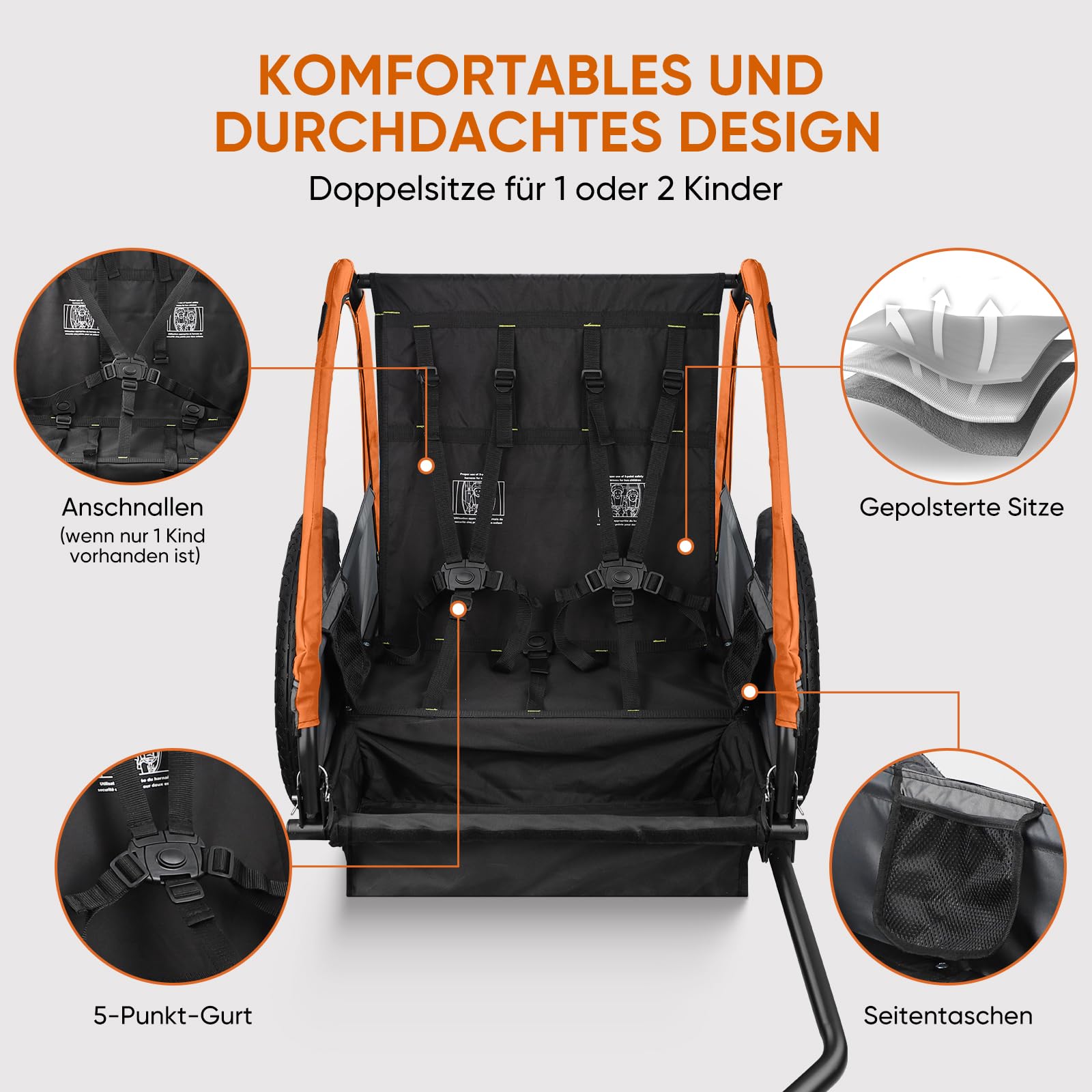 SEPNINE Fahrradanhänger mit 5-Punkt-Sicherheitsgurt, Luftreifen, Handbremse, Faltbar, Max. 40 kg (Orange)