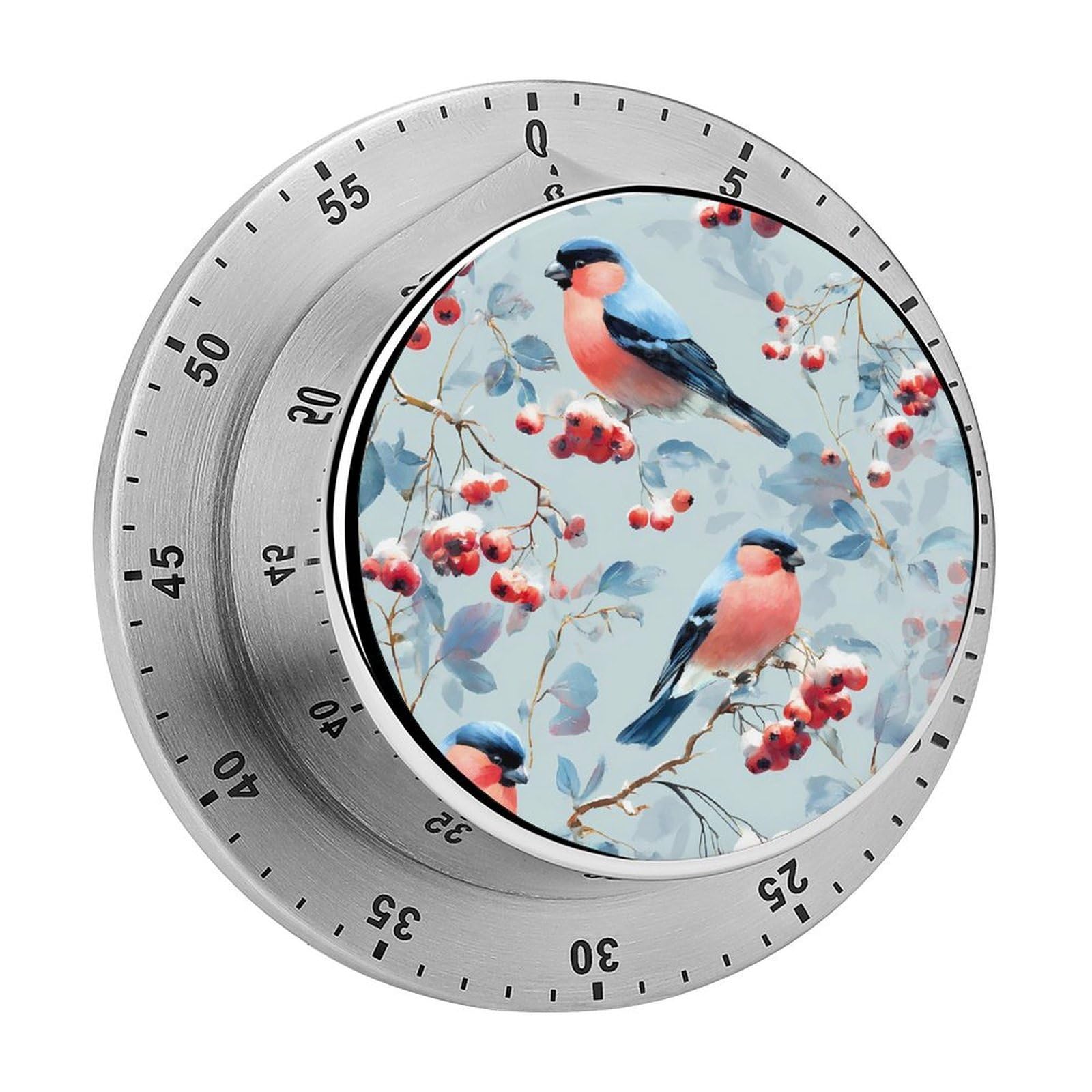 Bird Bullfinches On Rowan Snowy Mechanical Timer with Alarm for Kitchen Cooking Productivity Stainless Steel Timers