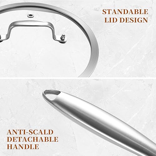 Miniatura 4 de Sartén de acero inoxidable 188 de tres capas de 10 pulgadas con tapa, sartén, sartén de inducción, apta para lavavajillas y horno, mango desmontable.