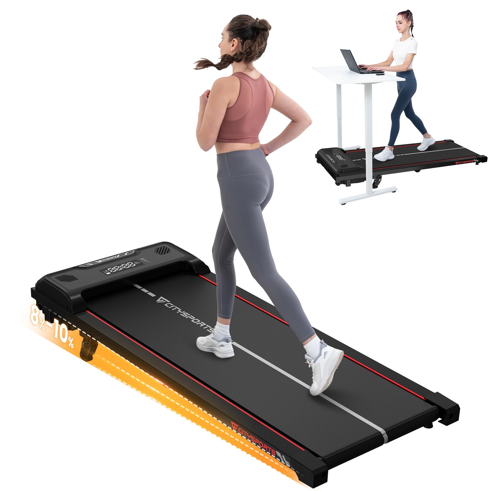 CITYSPORTS Laufband mit Steigung 10%, Elektrisches Walking Pad für Zuhause & Büro, 1–6 km/h, 440 W leiser Motor, LED-Anzeige, Bluetooth-Musikfunktion, Stoßdämpfung, 110 kg Belastbar