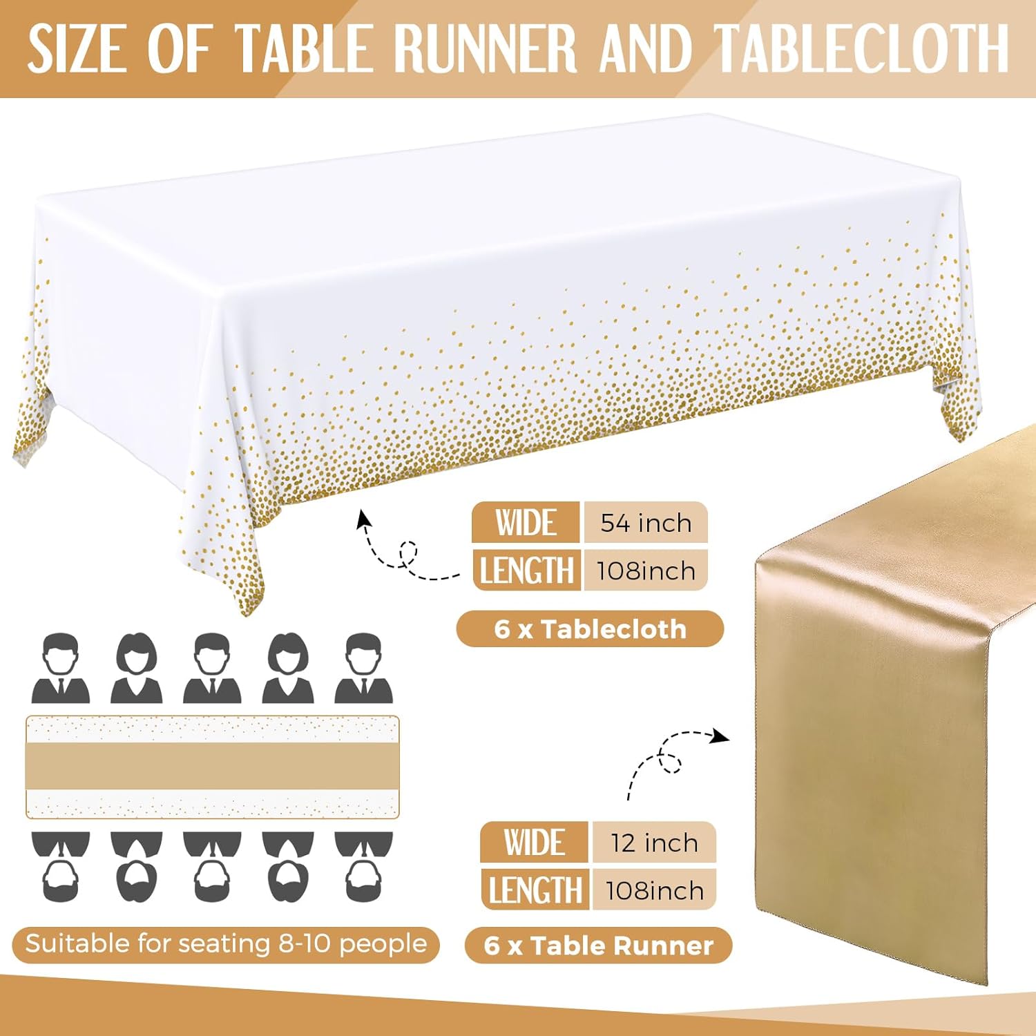 Tudomro 12 Pieces White and Gold Disposable Plastic Tablecloths and Satin Table Runner Set 54x108 Inch Tablecloth 12x108 Inch Table Runners for New Year Wedding Birthday Baby Shower Graduation