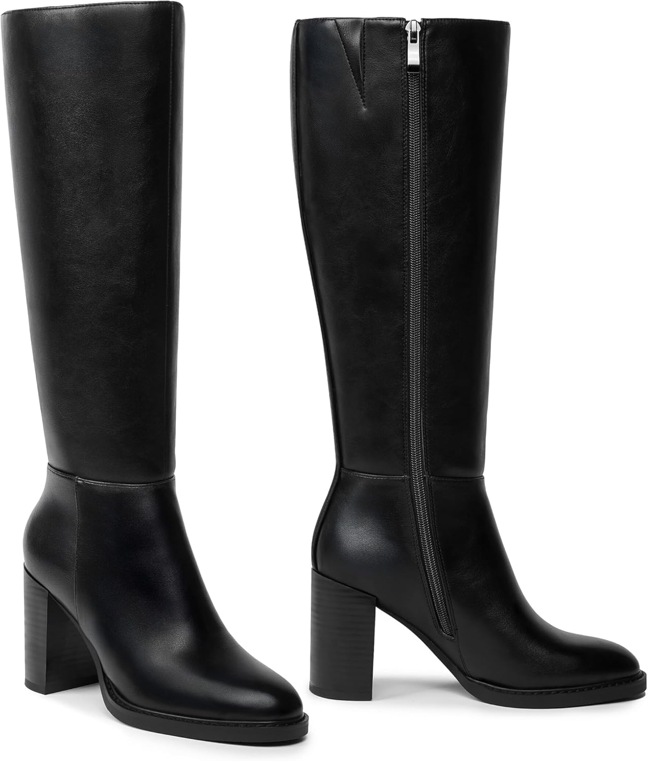 Women's Knee High Boots Square Toe Chunky Block Heel Long Boots for Women Side Zipper Comfort Tall Boots
