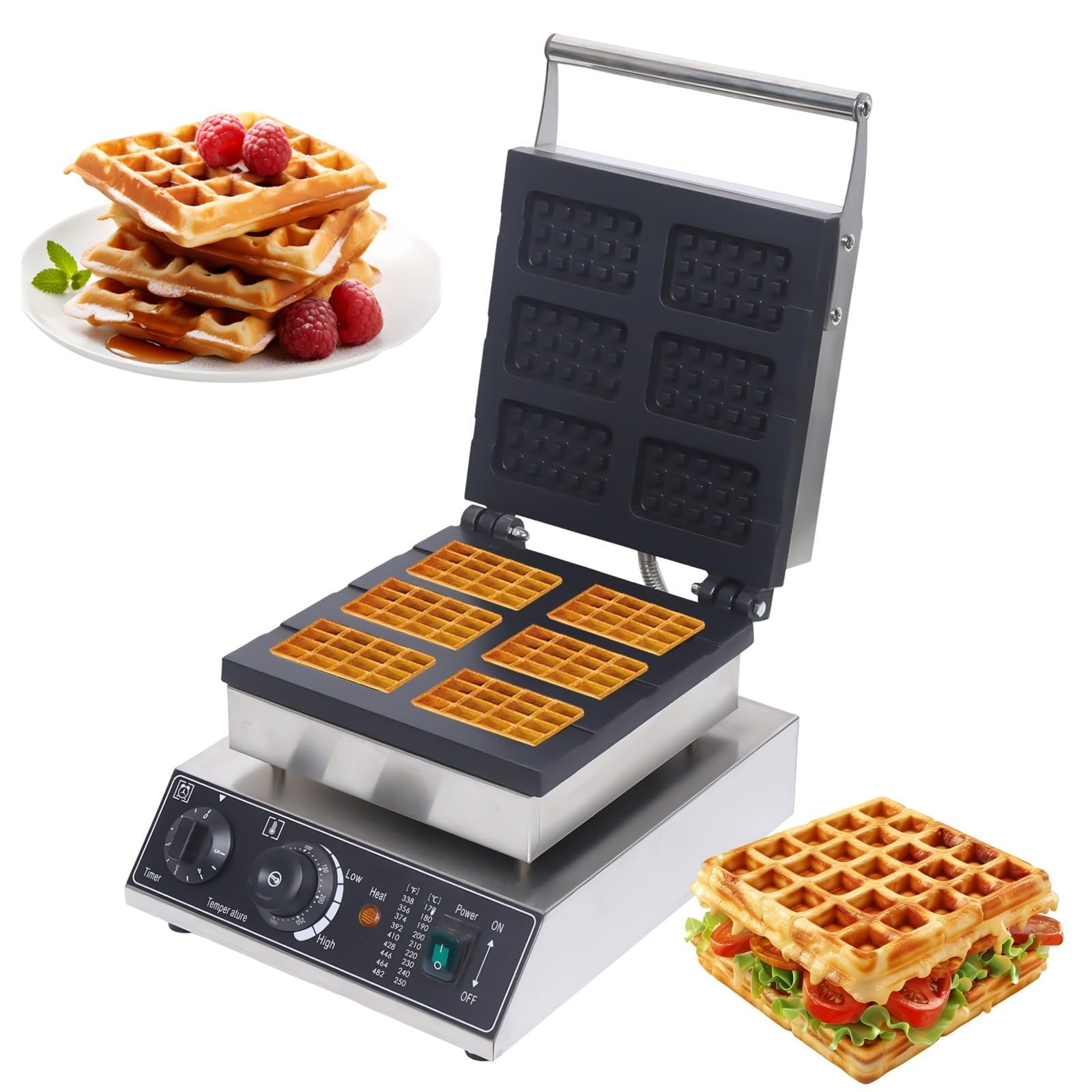 6-Slice Belgian Waffle Maker, 1500W Non-Stick Square Classic Waffle Iron, Large Plates Electric Taiyaki Machine with 122-572? Adjustable & Cool Touch Handles for Family Breakfasts, Stainless Steel