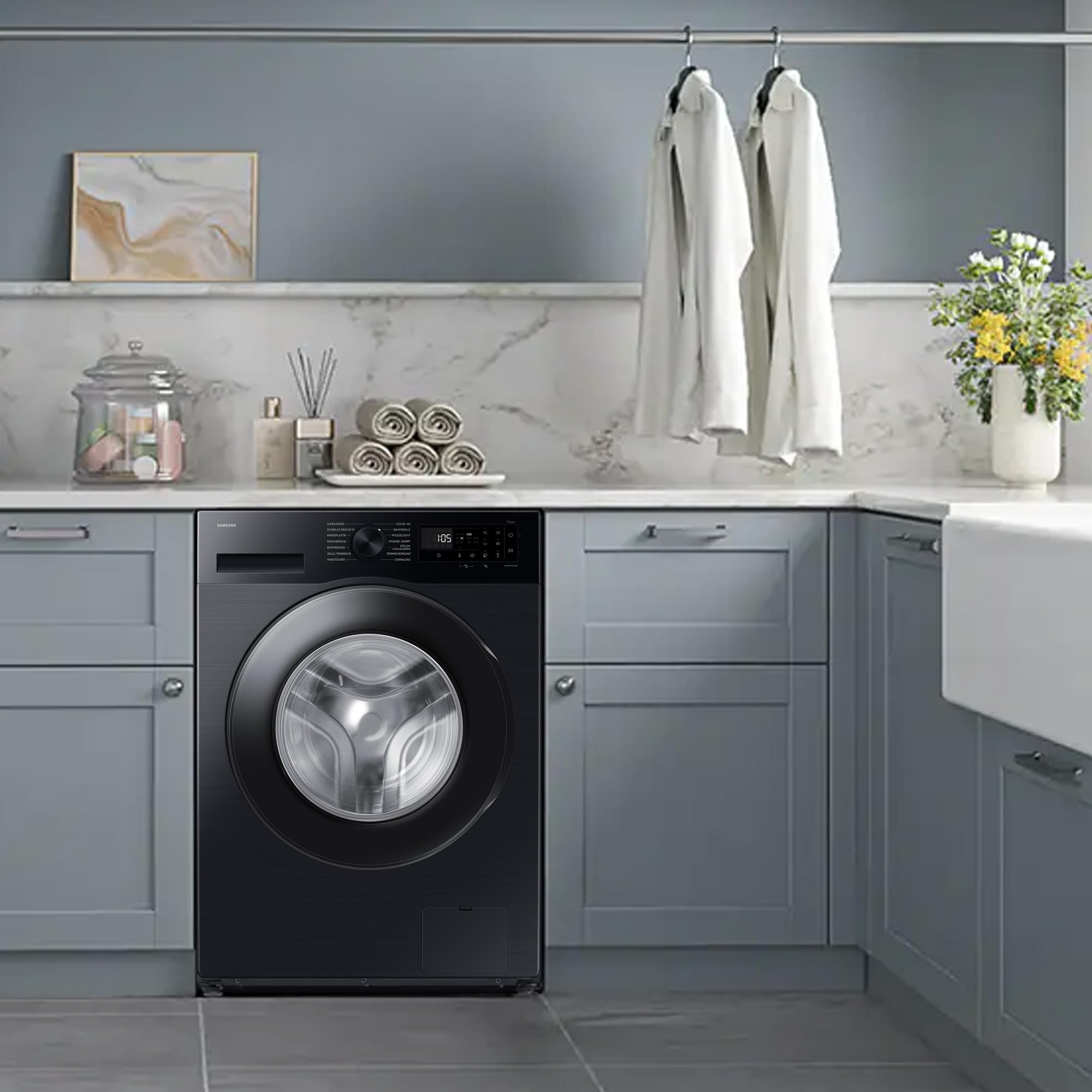 Samsung WW81FG5L32ABEG Waschmaschine, 8 kg, Platzsparende SLIM Ausführung, Nur 47 cm tief, AI Ecobubble und Energy Mode, SmartThings, Super Speed und Hygiene-Dampfprogramm, Schwarz