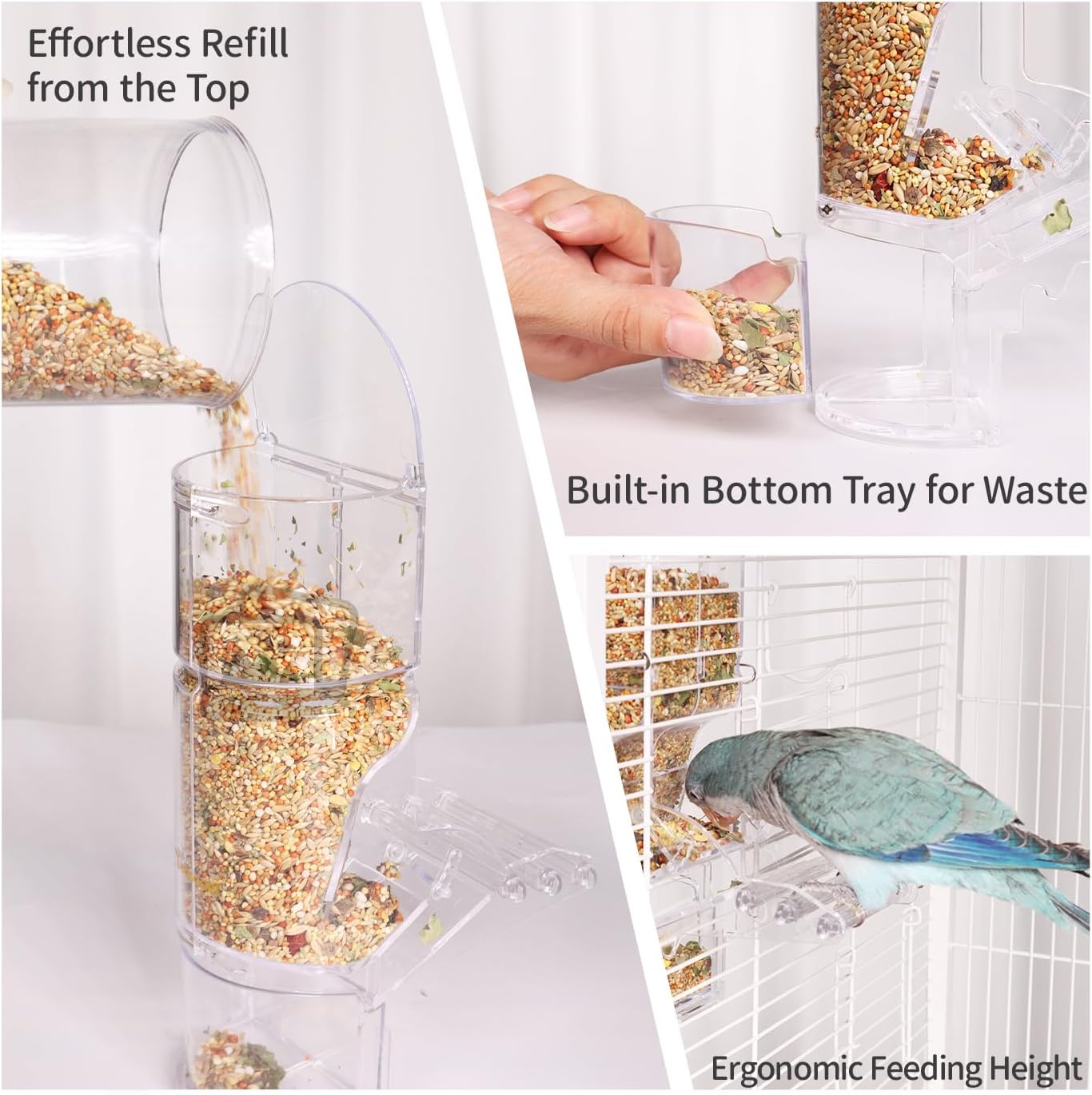 No Mess Bird Feeder, Automatic Parrot Feeder for Cage with Bottom Drawer, 300ml/10oz Clear Acrylic, Spring Lock & Perch for Cockatiels, Parakeets, Lovebirds, Budgies, Canaries, Conures and Parrots