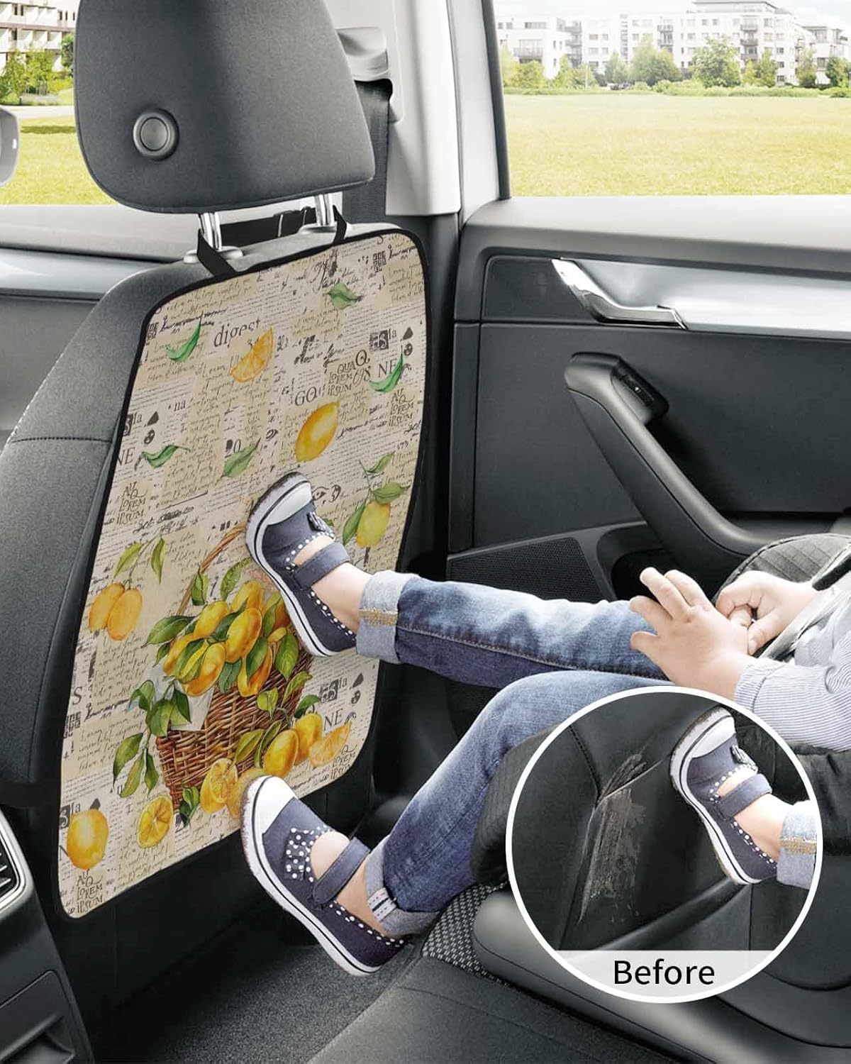 T&H XHome Car Seat Protector, 2 Pack Kick Mats Back Seat Protector Summer Lemons in Fruit Basket Old Newspaper Waterproof Backseat Cover for Kids Universal Fit Automotive Interior Protectors