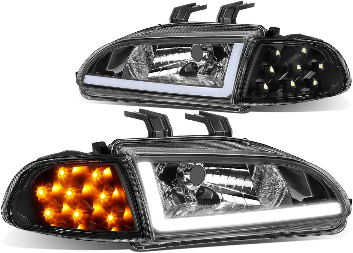Auto Dynasty 3D LED DRL Headlights Assembly Compatible with 1992 1993 1994 1995 Honda Civic Coupe Hatchback, Driver and Passenger Side, Black Housing