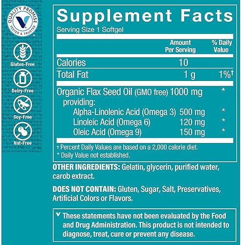 Miniatura 3 de The Vitamin Shoppe Aceite de semilla de lino orgánico certificado 1,000 mg, ácido graso esencial que apoya la salud cardiovascular, sin refinar y