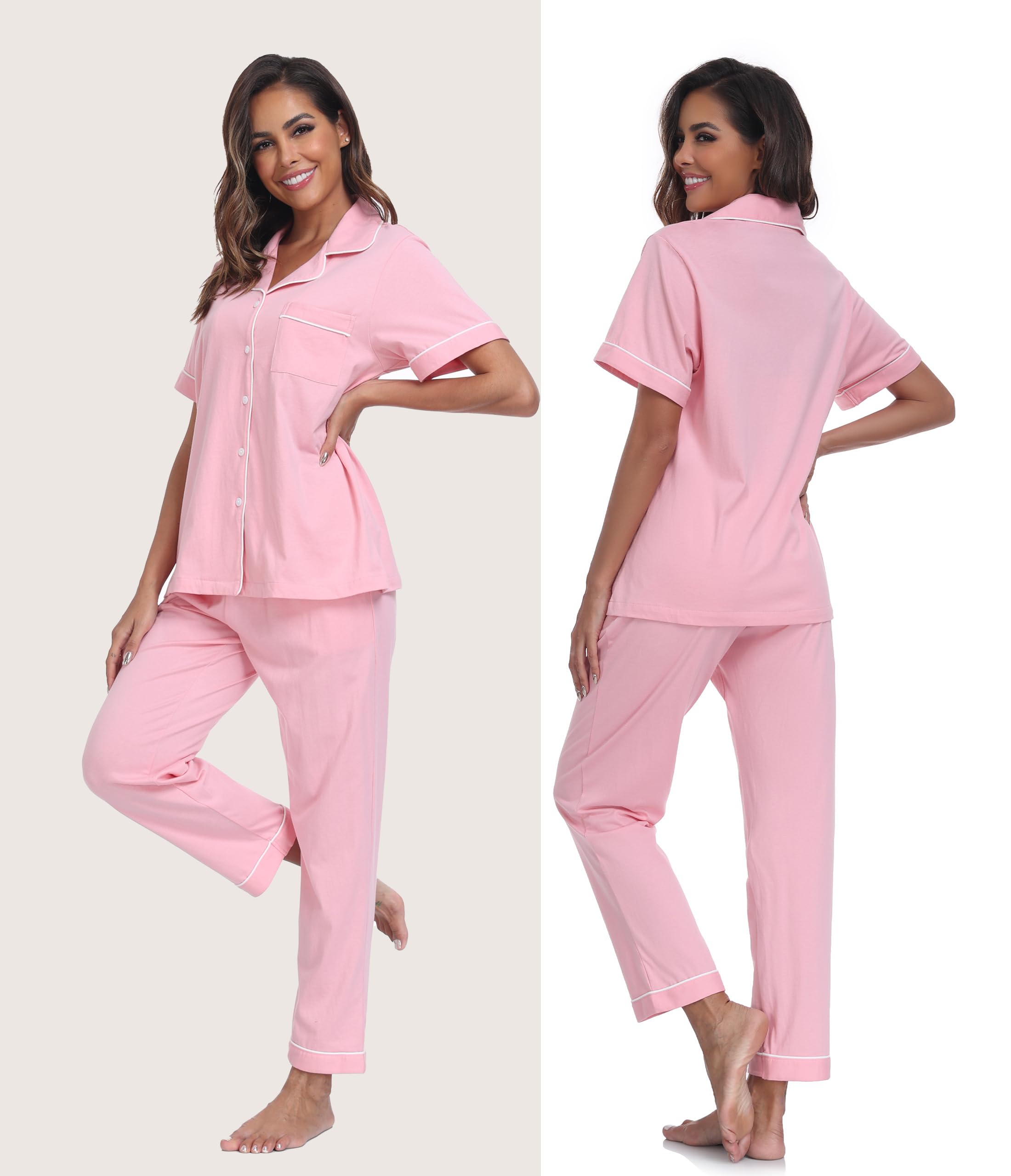 Pijama de algodón 100 % para mujer, camisa de manga corta y pantalones largos, conjunto de pijama de verano cómodo para mujer