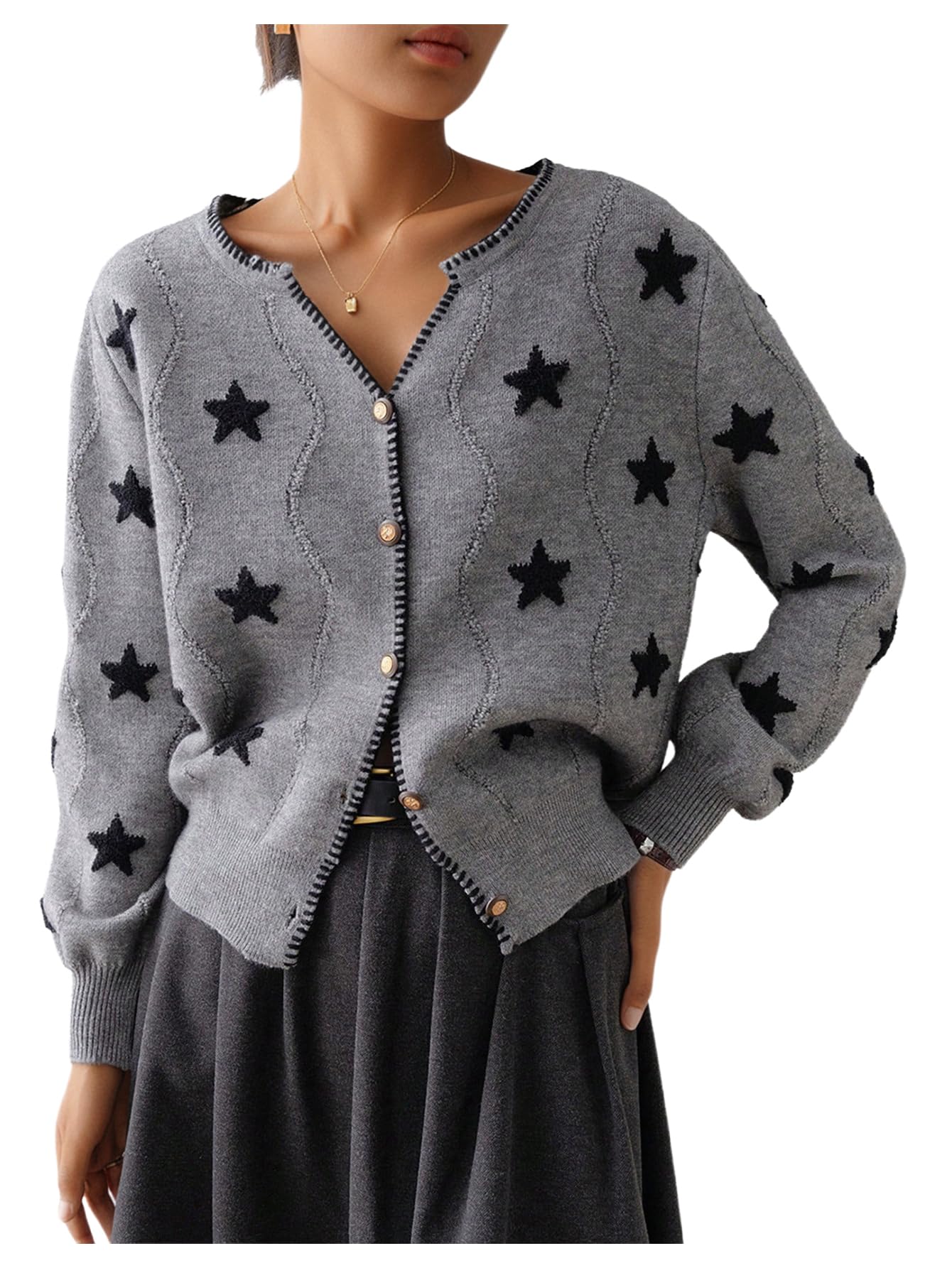 WDIRARA Womens Star Pattern Button Up Cardigan Sweaters Long Sleeve V Neck Knit Outerwear