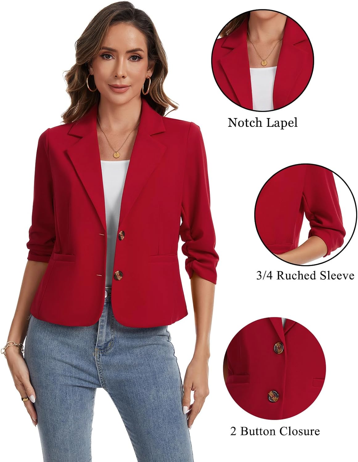 Womens Slim Fit Blazers Casual Jackets 3/4 Ruched Sleeve Notch Lapel Cropped Blazer Business Office Suit Jacket