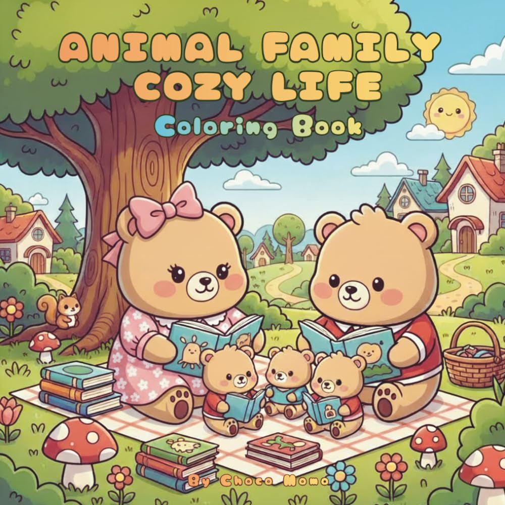 Animal Family Cozy Life Coloring Book: 50 Cozy Coloring Pages of Cute Animal Families, Village Life & Everyday Moments