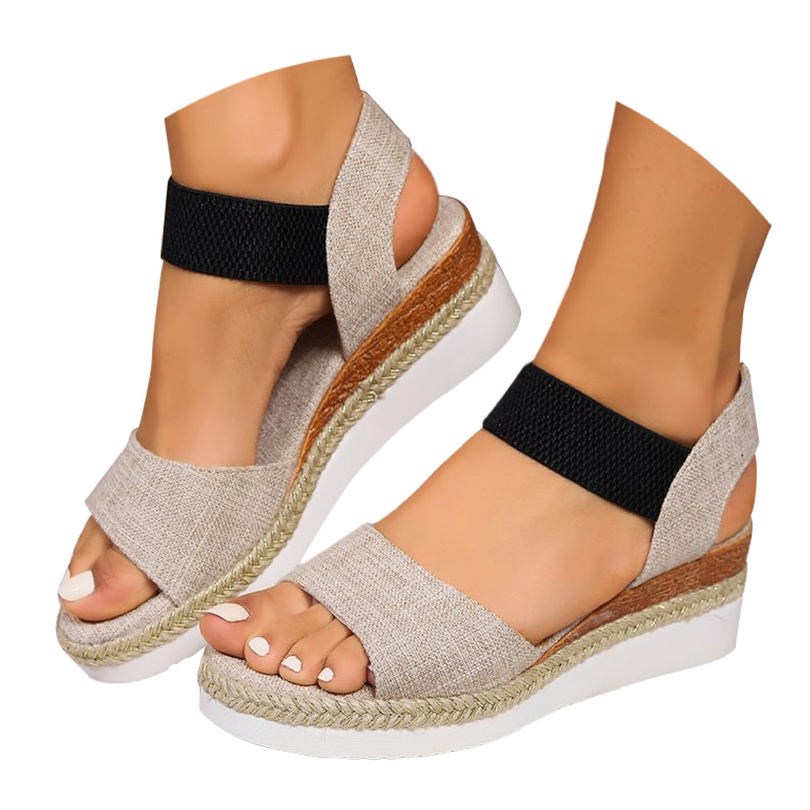 Sandali da spiaggia da donna con zeppa, sandali da donna con vestibilità larga, comodi e facili da indossare e togliere, con elastico e fondo spesso, alla moda, in lino, per la casa, per i pendolari