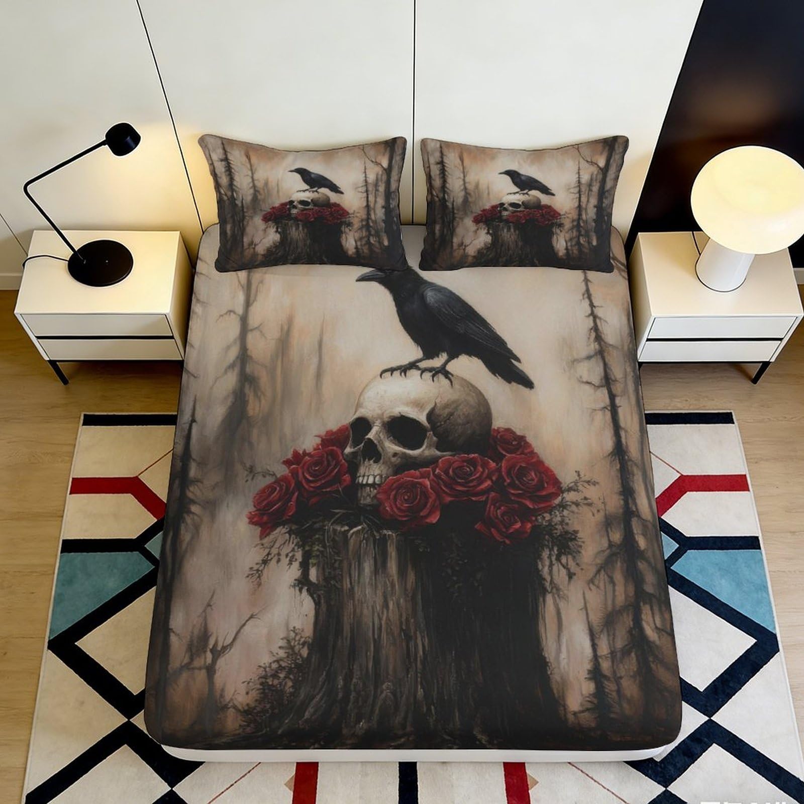 3D Printed Gothic Raven Skull Fitted Sheet Microfiber Red Rose Mattress Cover Anti-Slip Bedroom Decor Machine Washable 160x200x25cm