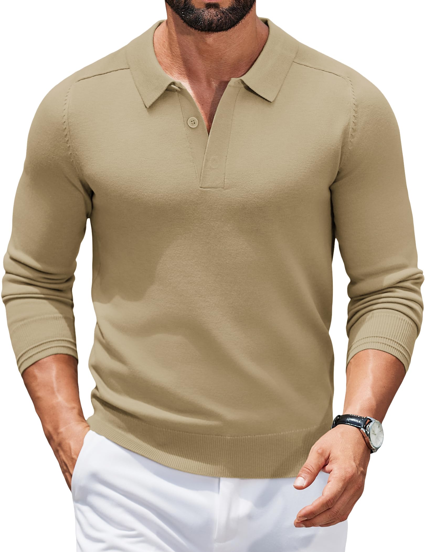 COOFANDY Strickpullover Herren Poloshirt Langarm Polo Pullover Pulli mit Polokragen Versteckte Knopfleiste