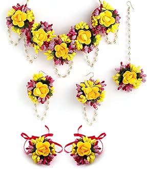 Jewellery Flowers Jewellery Set For Haldi Gota Patti Necklace, Earrings, Bracelet & Maang Tika for Women & Girls (Mehandi/Haldi/Wedding/Bridal/Baby Shower)