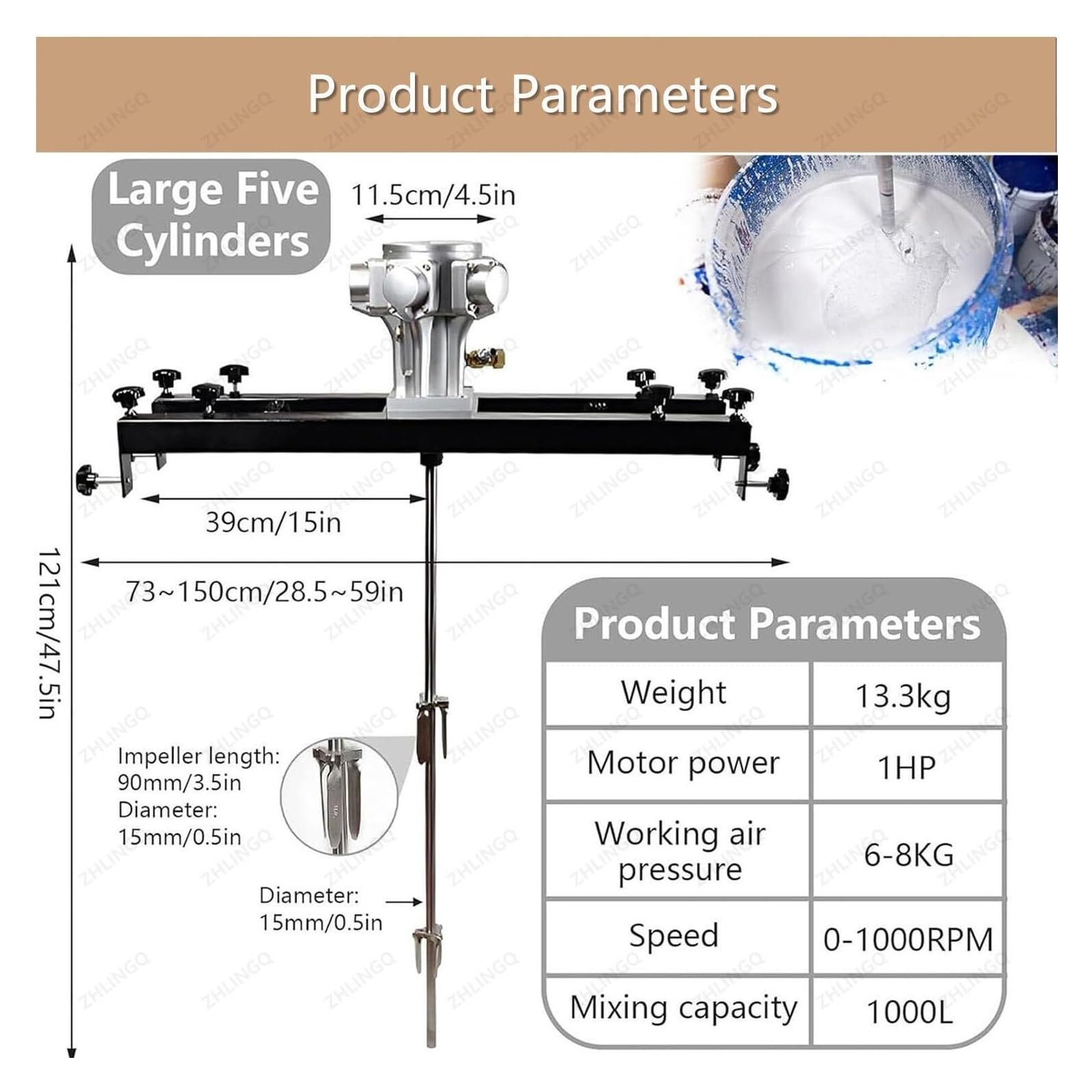 Miscelatore Elettrico per Serbatoi, Miscelatore per Vernici, Miscelatore Pneumatico con Staffa, Elica Pieghevole, con Gancio di Supporto-Small5Cylinders