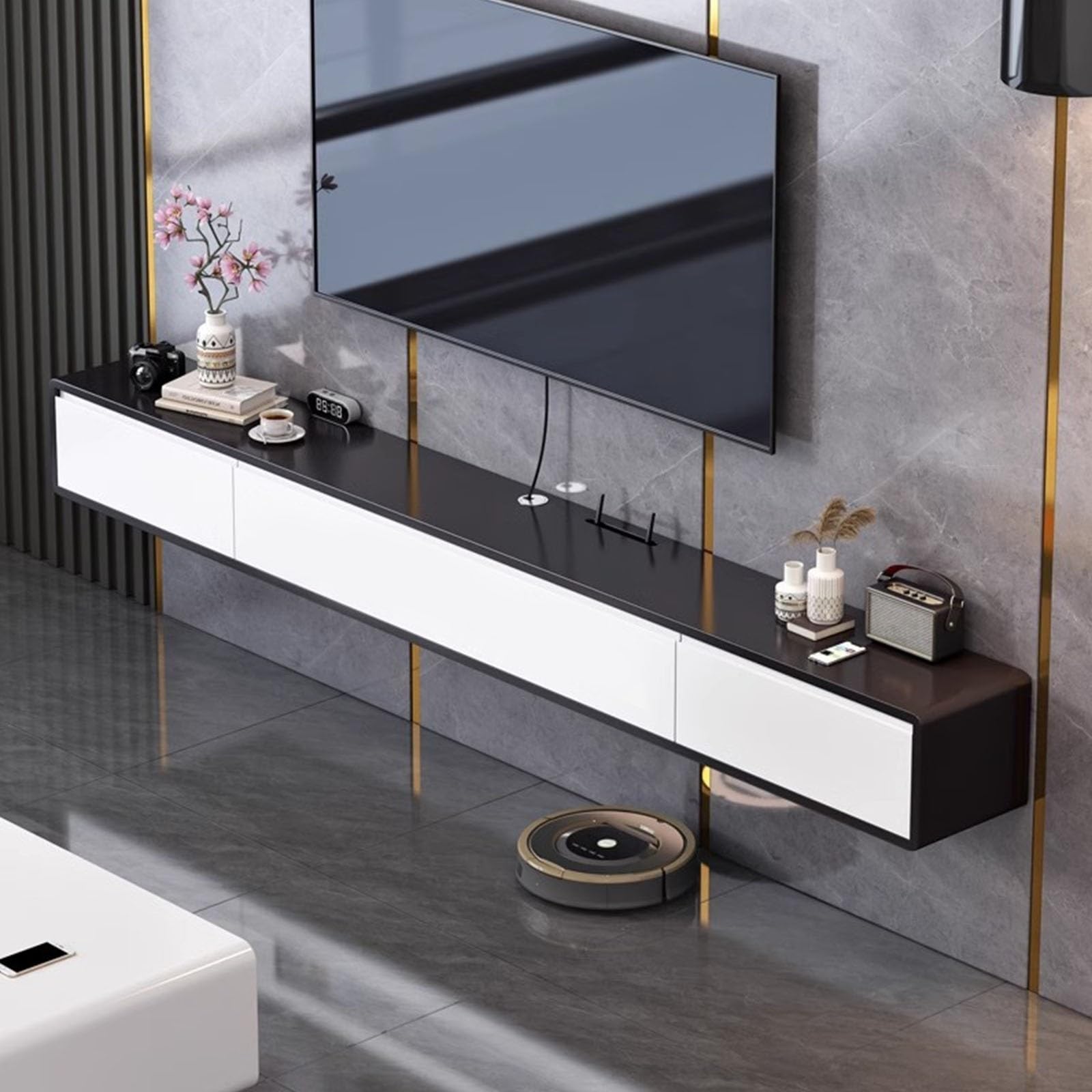 Schwebende TV-Einheit, Wandhalterung, Konsole mit 2 Schubladen, Wandmontage, Media-Entertainment-Center, Multimedia-Aufbewahrungsregale, Schwarz und Weiß, 120 cm