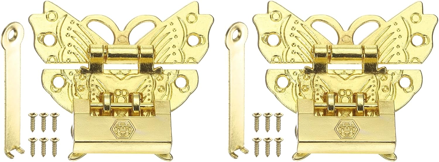 PATIKIL 2Pcs Vintage Decorative Hasp Latch, (2.36" x 2", Gold), Retro Embossing Locking Hasp Latch Clasp Set and Small "Happiness" Padlock, Suit for - Jewelry Box/Wooden Case/Cabinet